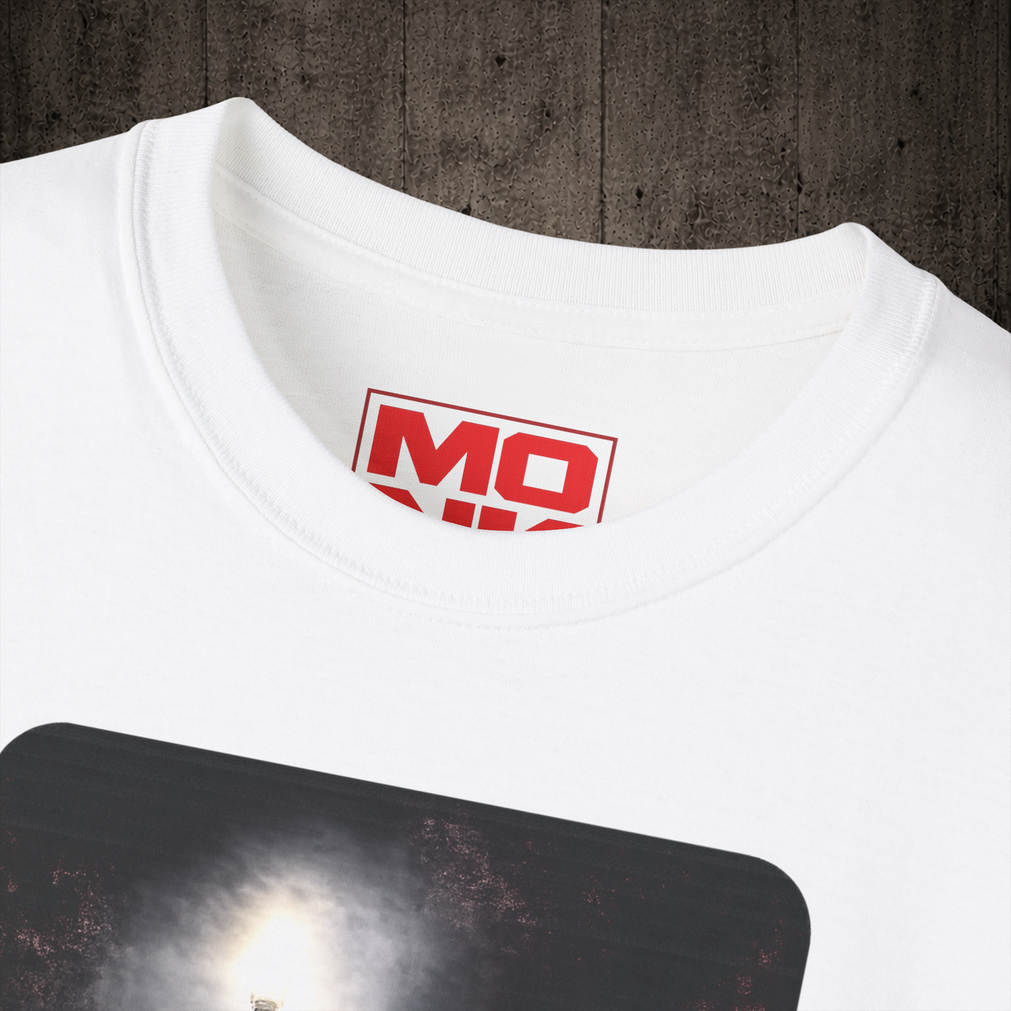 The Rider graphic t-shirt colar detail in White inspired by freestyle scootering and urban riding culture.