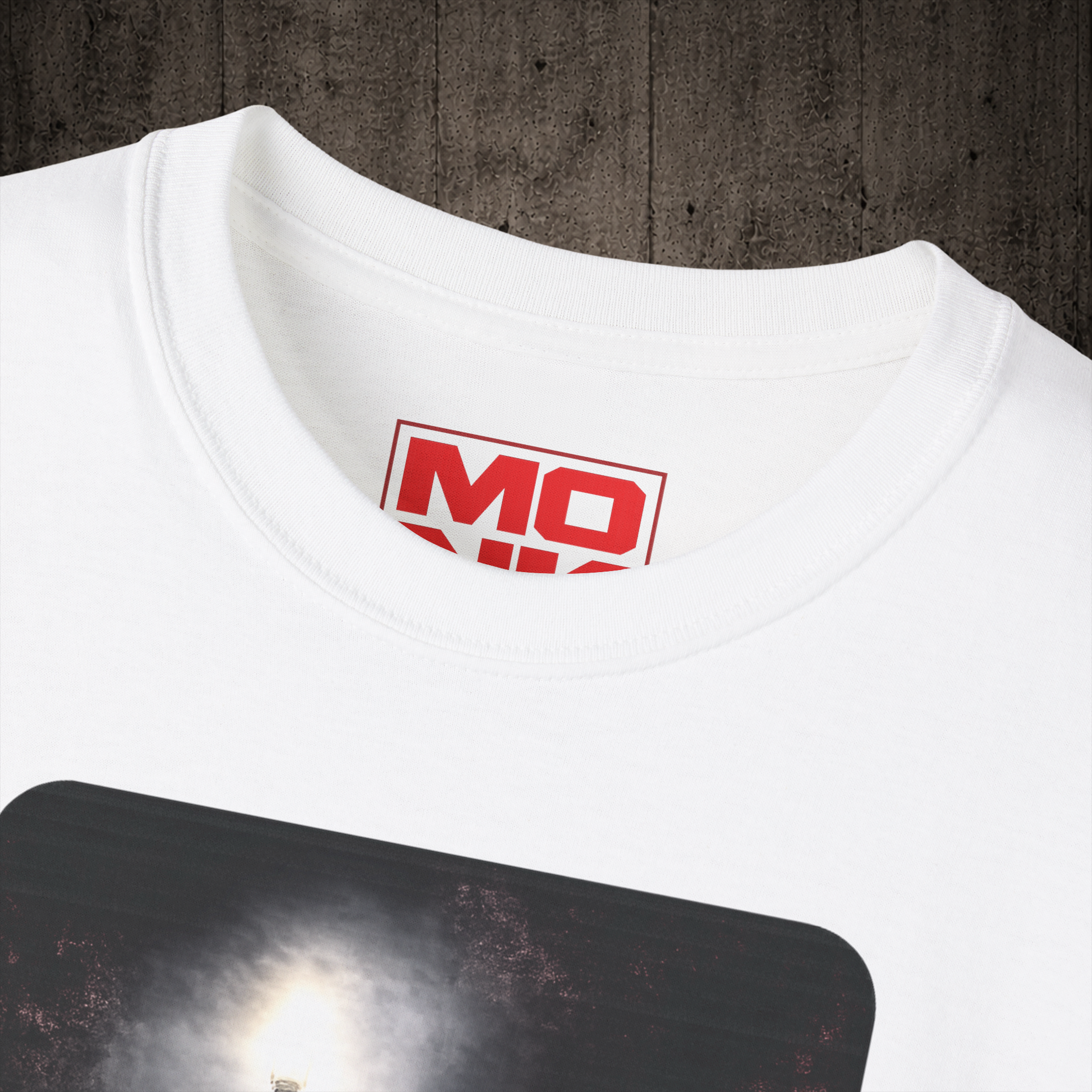 The Rider graphic t-shirt colar detail in White inspired by freestyle scootering and urban riding culture.