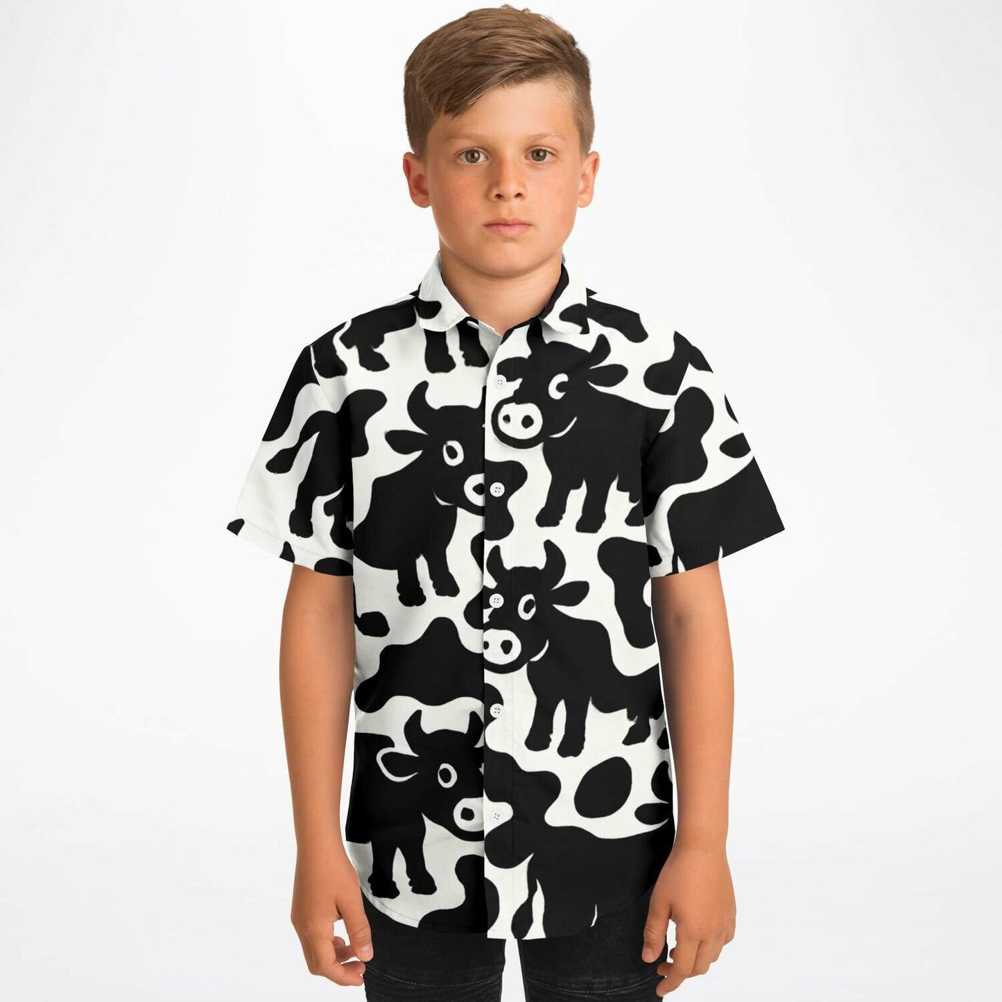 Kid and Youth Hawaiian Shirt Swiss Landscape Cow Pattern Boy Front View